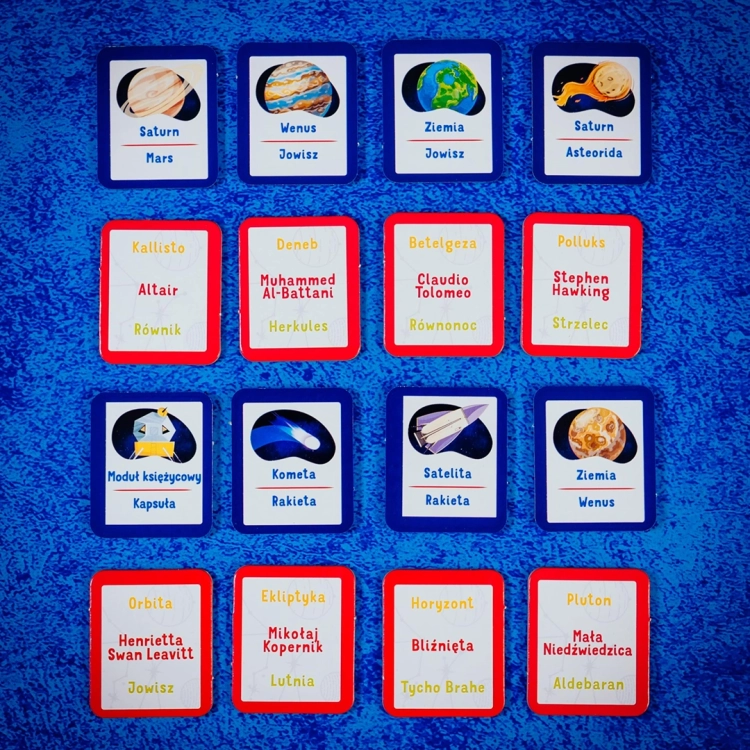 Zestaw kart edukacyjnych z planetami, astronomami i ciałami niebieskimi