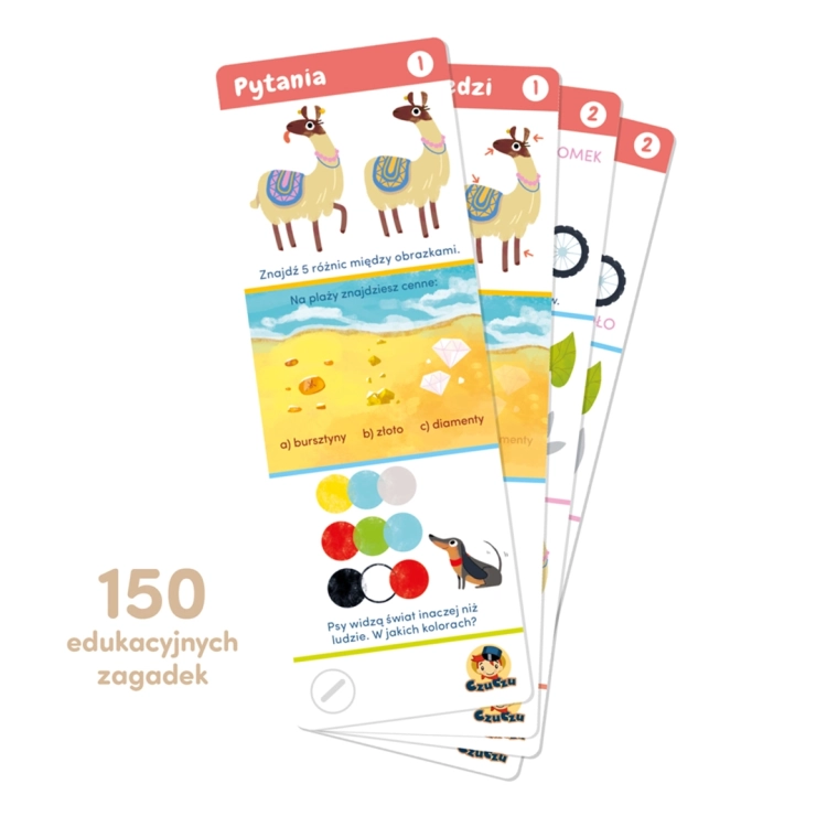 Karty z zagadkami z zestawu CzuCzu Zagadki 6-7 z ilustracjami.