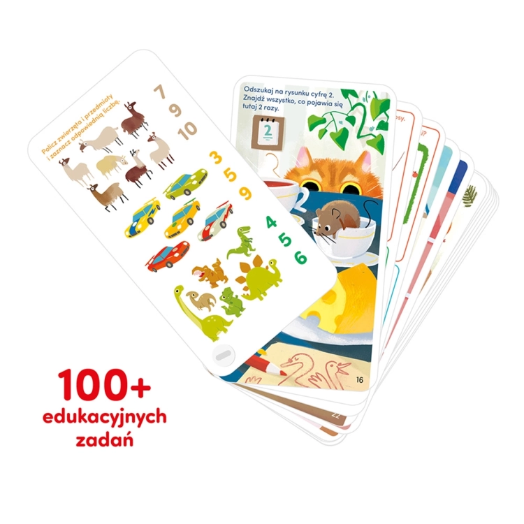 karty zadań z książeczki CzuCzu Uczy Cyfry z liczeniem i ilustracjami