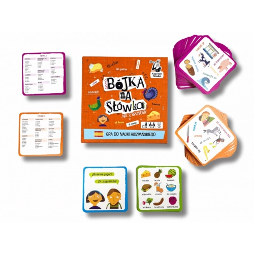 zawartość gry Bójka na słówka z kartami i pudełkiem