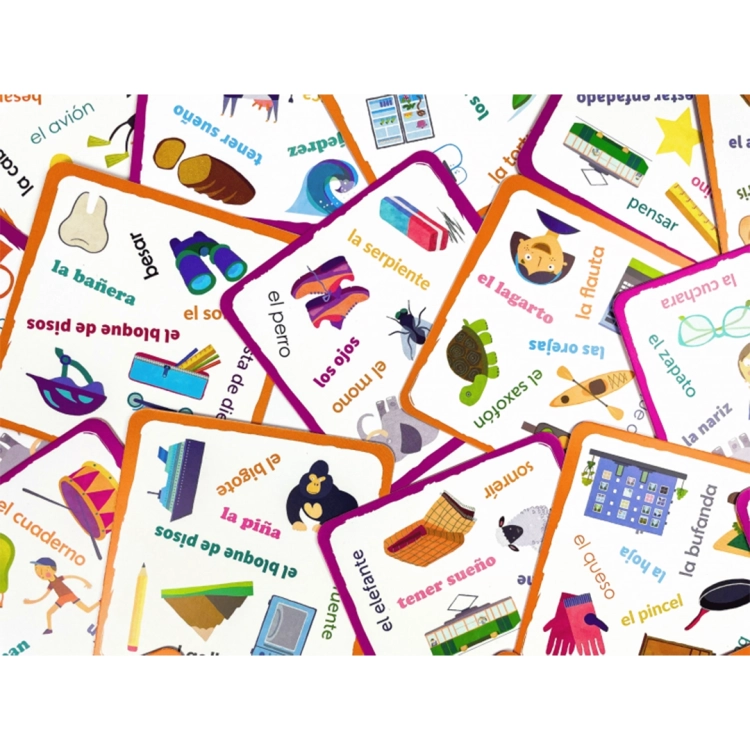 kolorowe karty z hiszpańskimi słówkami i ilustracjami z gry Bójka na słówka