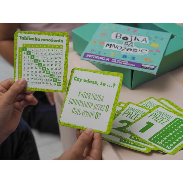 Zbliżenie na karty z tabliczką mnożenia i ciekawostkami matematycznymi z gry Bójka na mnożenie.