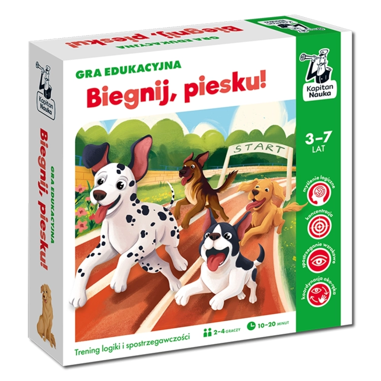 Front opakowania gry edukacyjnej Biegnij piesku Kapitan Nauka z grafiką biegnących psów.