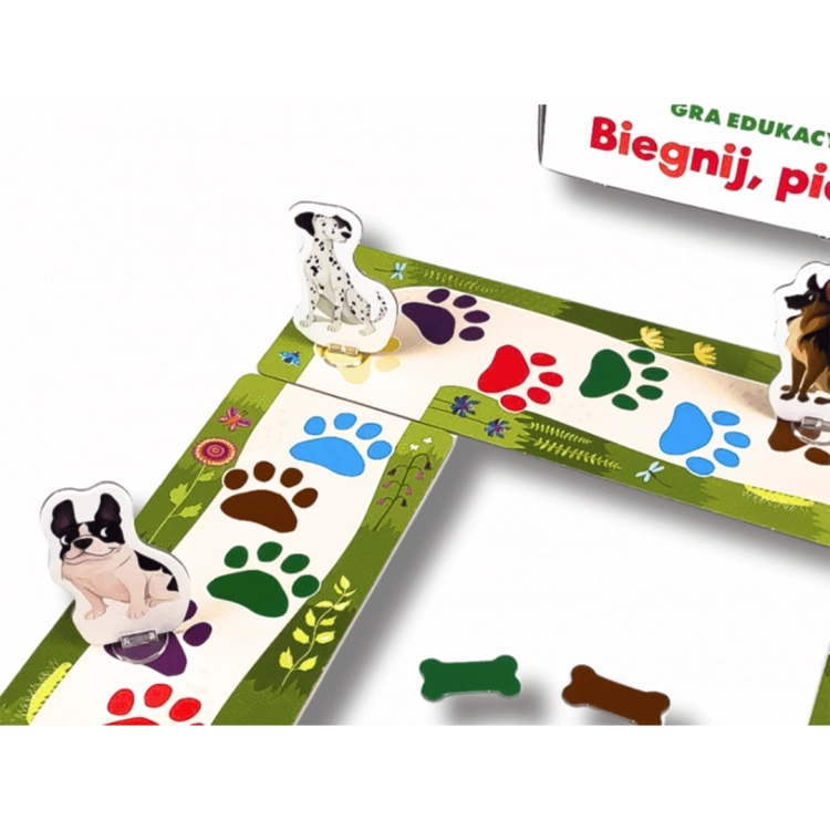 Elementy gry Biegnij piesku Kapitan Nauka – figurki psów, kości i medale.