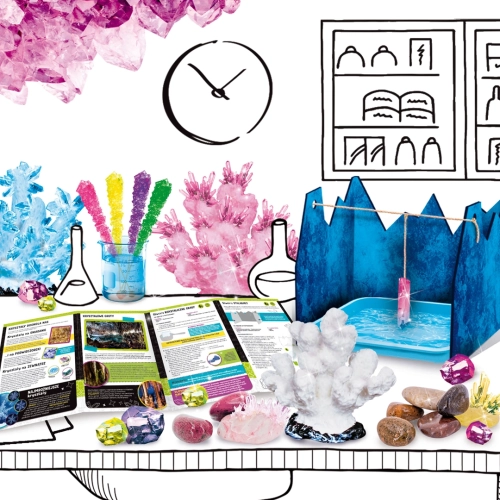 Zawartość zestawu do tworzenia kryształów – kolorowe kryształy, instrukcja, akcesoria.