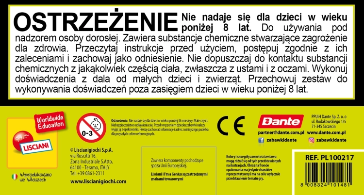 Ostrzeżenie o bezpieczeństwie i dane producenta Lisciani na opakowaniu.