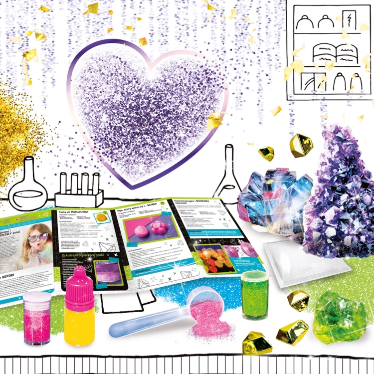 Zestaw do eksperymentów z brokatem – zawartość opakowania z instrukcją i materiałami