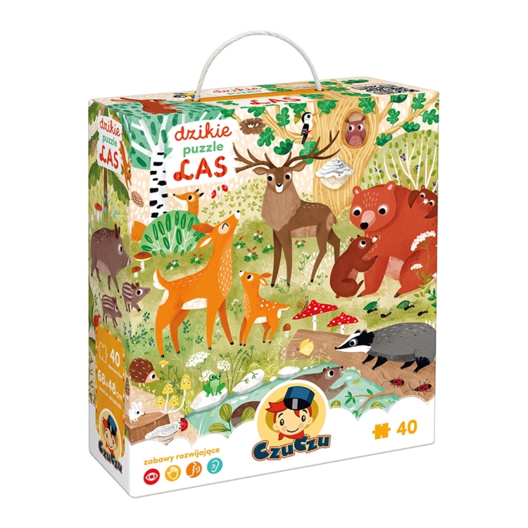 Opakowanie puzzli CzuCzu Dzikie Puzzle Las z ilustracjami leśnych zwierząt.