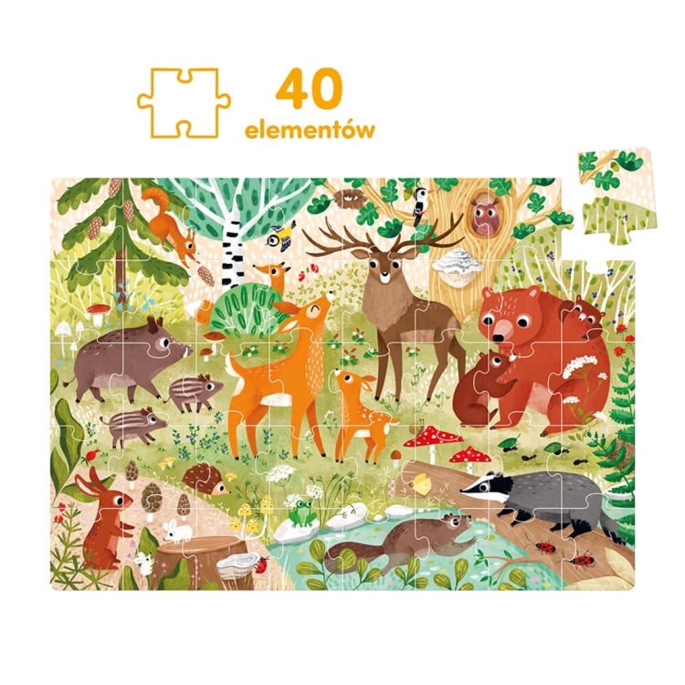 Gotowa układanka Dzikie Puzzle Las z 40 elementami przedstawiająca zwierzęta leśne.