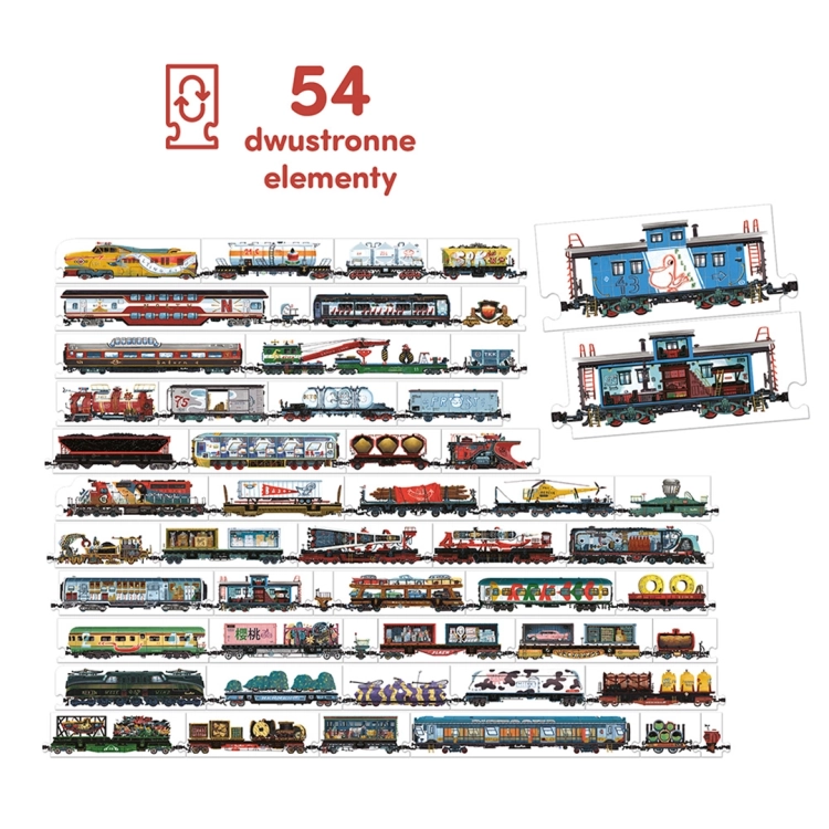 Wszystkie 54 elementy puzzli dwustronnych Pociągi CzuCzu ułożone w rzędy.