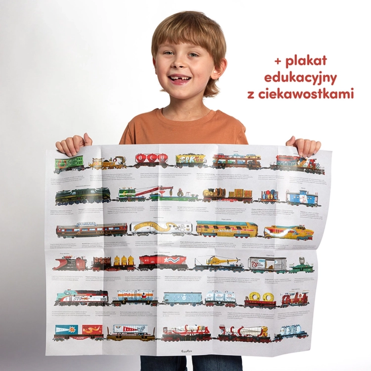 Dziecko pokazujące plakat edukacyjny z ilustracjami pociągów z zestawu CzuCzu.