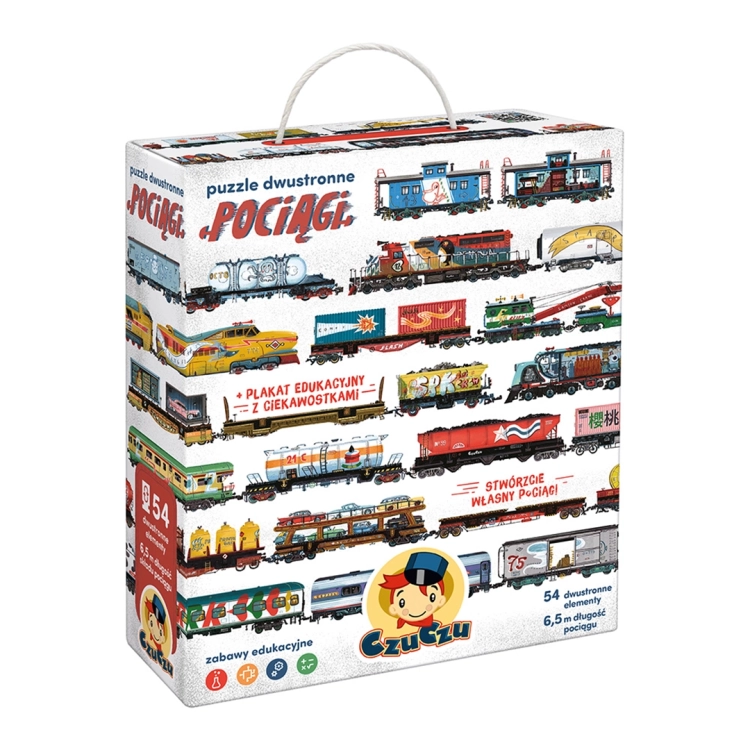 Przód opakowania puzzli dwustronnych Pociągi z widocznymi wagonami i logiem CzuCzu.
