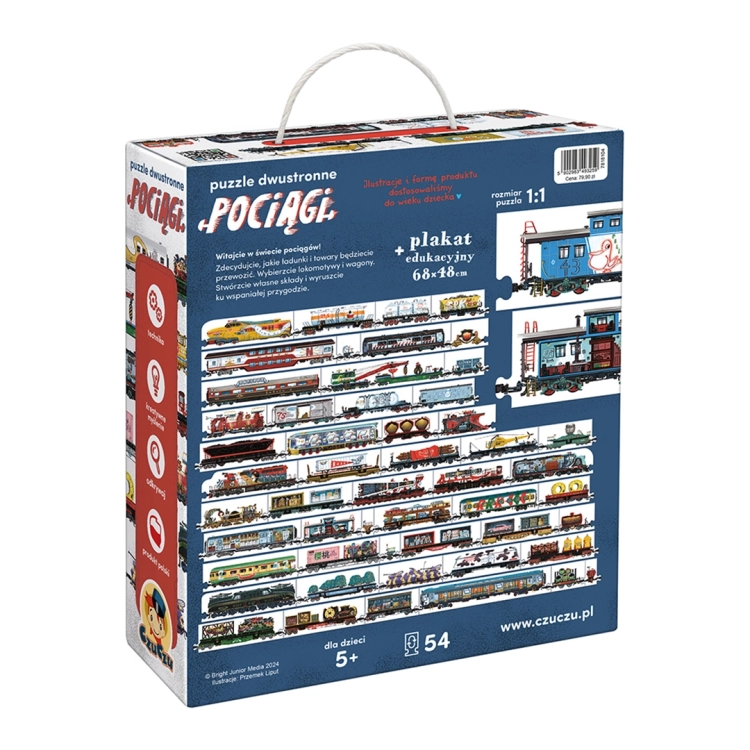 Tył opakowania puzzli dwustronnych Pociągi CzuCzu z opisem i ilustracją składów.
