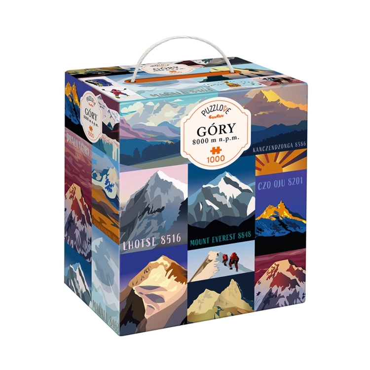 Pudełko puzzli Puzzlove góry 8000 m n.p.m. z ilustracjami 14 ośmiotysięczników