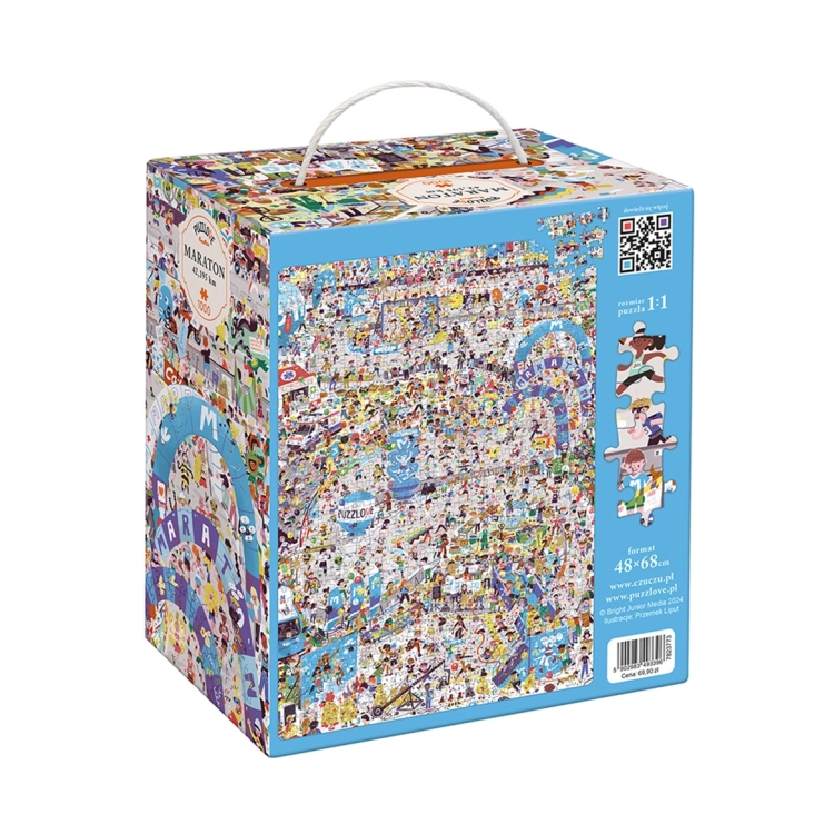 Tylna strona opakowania puzzli Puzzlove Maraton CzuCzu – kolorowa ilustracja biegu