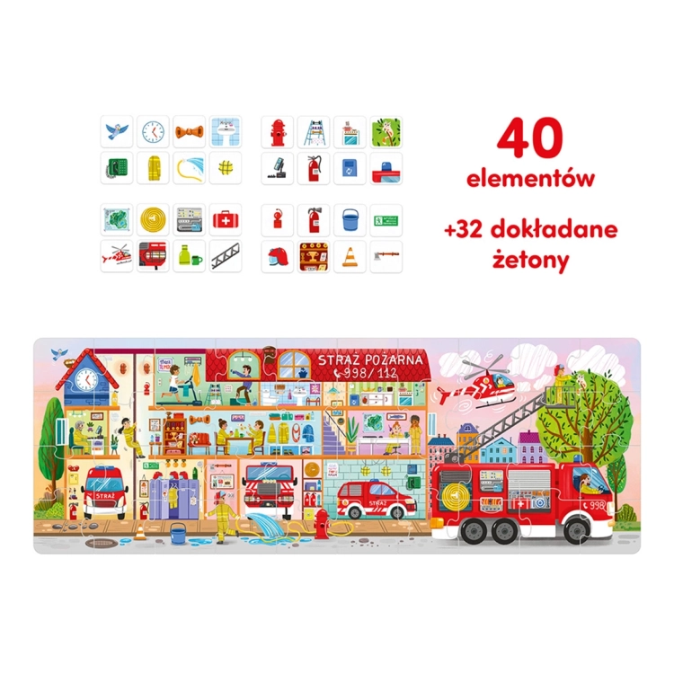 Puzzle Tak działa straż pożarna ułożone wraz z dodatkowymi żetonami do dopasowania