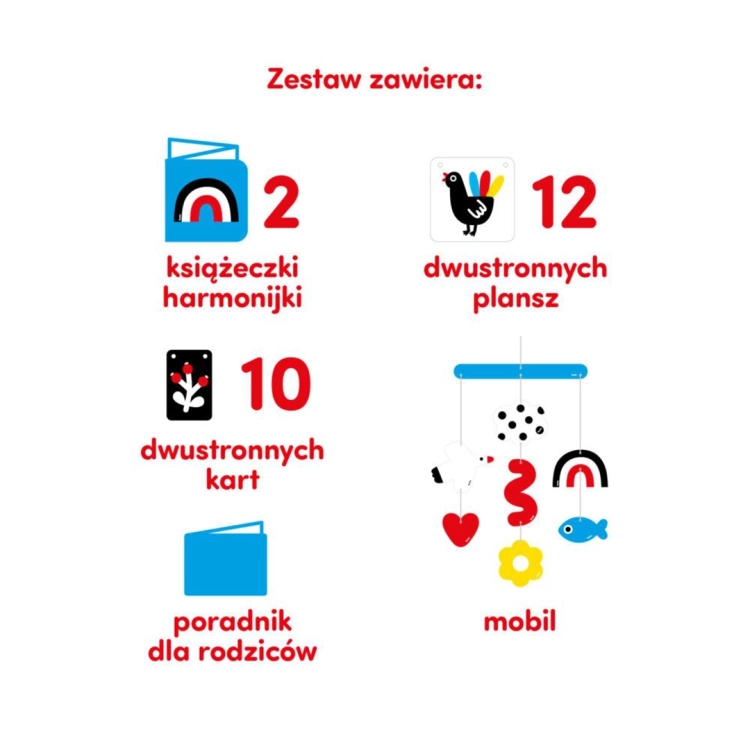 Zawartość zestawu Duży starter malucha CzuCzu: książeczki, plansze, mobil