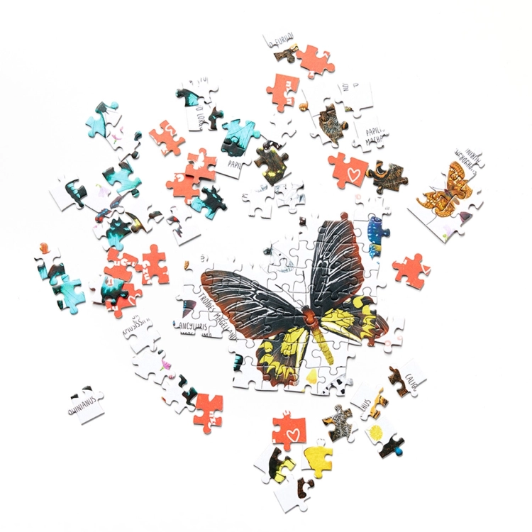 Rozsypane elementy puzzli z widocznym ułożonym motylem Puzzlove CzuCzu