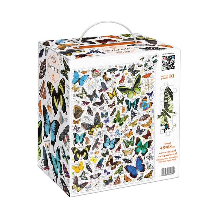 Tylna strona pudełka puzzli Puzzlove Motyle CzuCzu z grafiką i informacjami