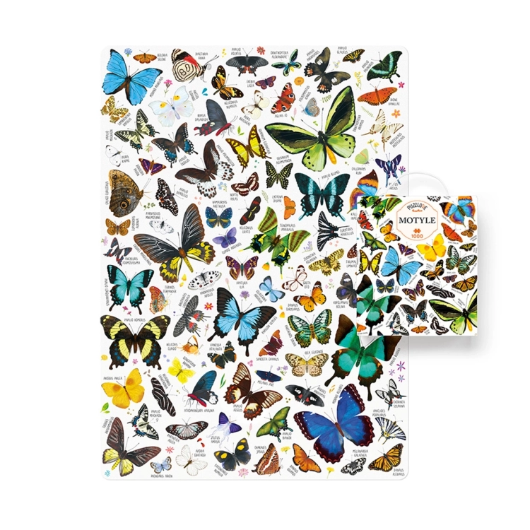 Puzzle Puzzlove Motyle CzuCzu 1000 elementów ułożone obok pudełka
