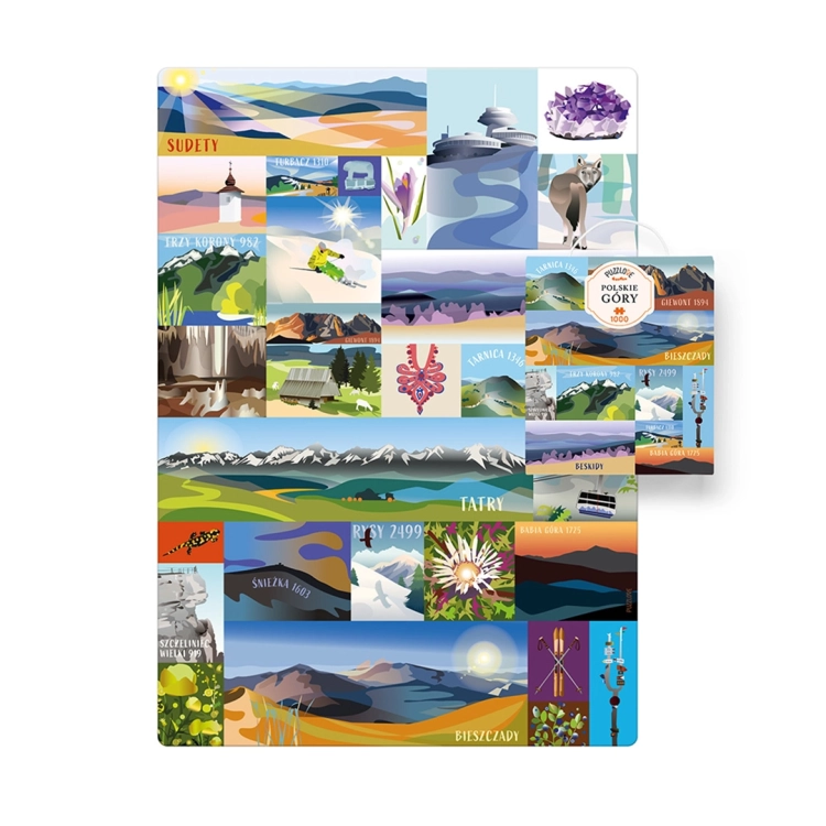Ilustracja puzzli Puzzlove Polskie Góry i opakowanie z boku