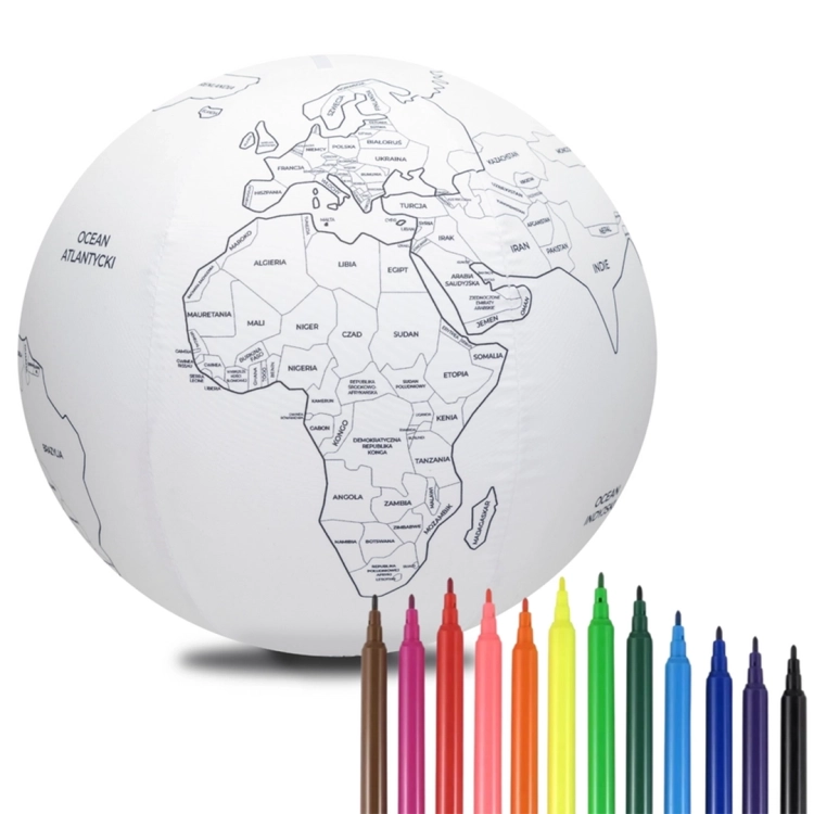 piłka balonowa do kolorowania z mapą świata i zestawem pisaków – Akson