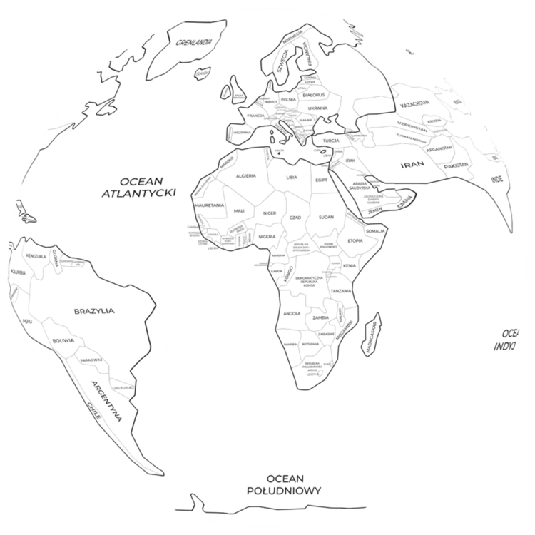 czarno-biały globus z konturami państw do kolorowania – widok płaski, Akson