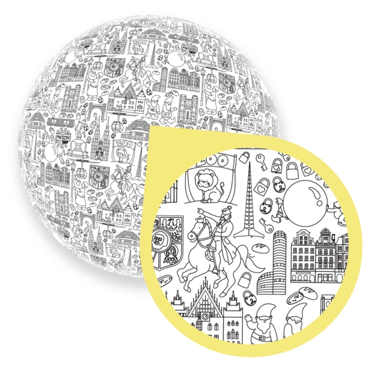 Zbliżenie na szczegóły piłki do kolorowania XXL z motywami Wrocławia od Akson