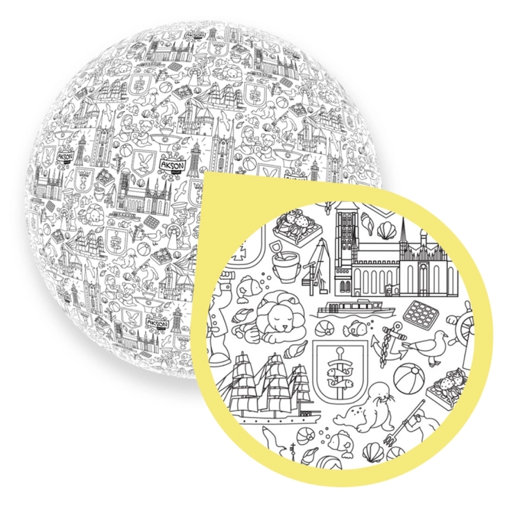 zbliżenie na piłkę do kolorowania akson trójmiasto z detalami architektury i symbolami Gdańska, Gdyni i Sopotu