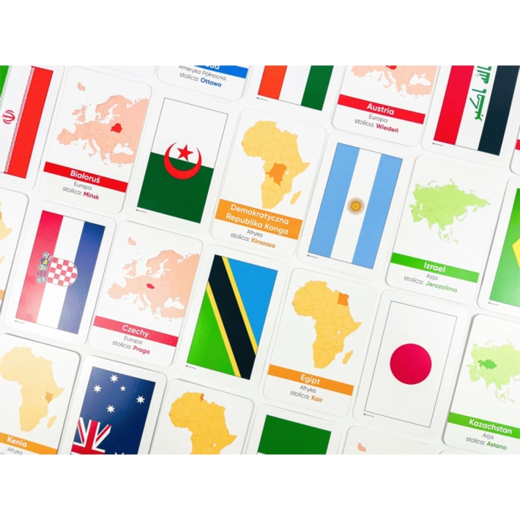 karty z flagami i mapami państw w grze EDUseria Flagi Świata Kapitan Nauka 6+