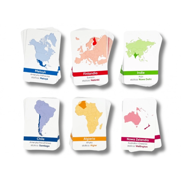 stosy kart z kontynentami i nazwami krajów w grze EDUseria Flagi Świata Kapitan Nauka 6+
