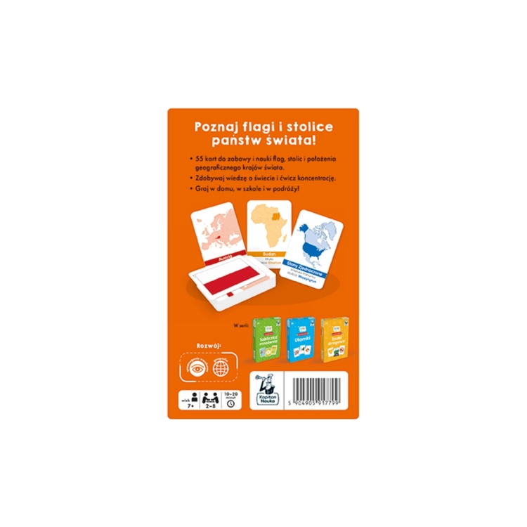 tylna strona pudełka gry EDUseria Flagi Świata Kapitan Nauka 6+