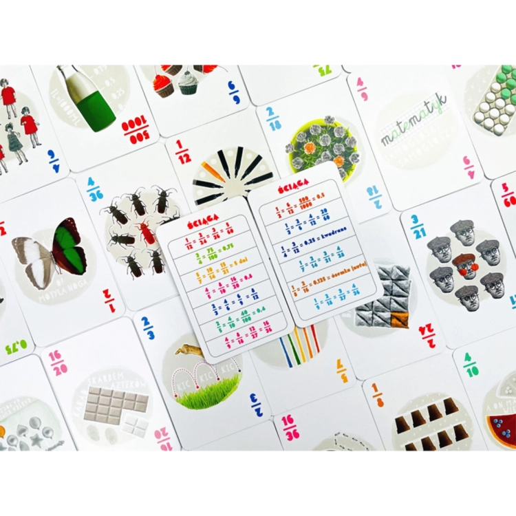 Kolorowe karty z ułamkami z gry EDUseria Ułamki od Kapitan Nauka.