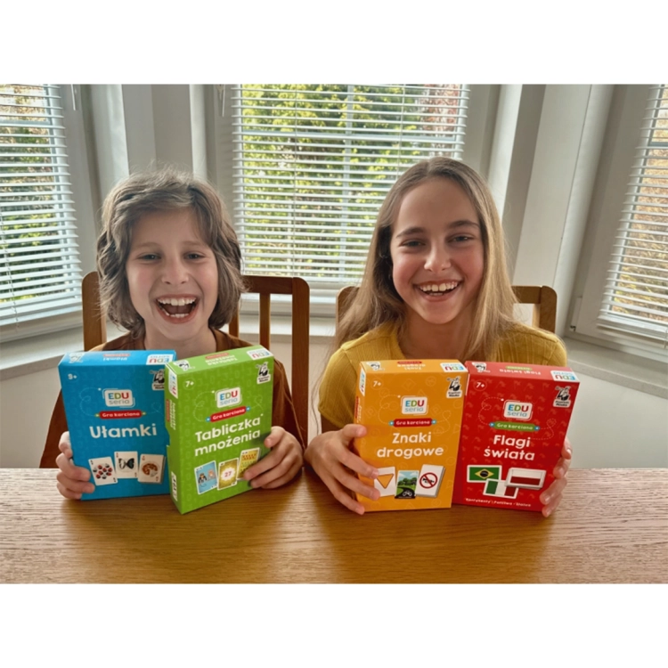 Zestaw gier karcianych EDUseria: Znaki drogowe, Flagi świata, Tabliczka mnożenia, Ułamki.