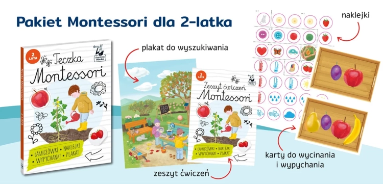 Zestaw edukacyjny Teczka Montessori dla 2-latka z książeczką, plakatem i naklejkami
