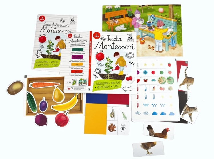 Elementy zestawu Teczka Montessori 2 lata – książeczki, naklejki, plakat i wypychanki