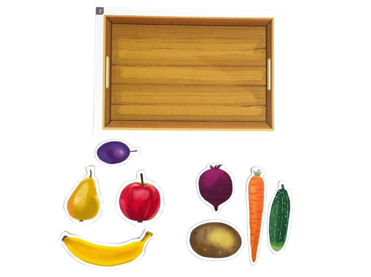 Karta do zabawy z warzywami i owocami do wycinania – Teczka Montessori Kapitan Nauka