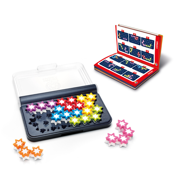 kolorowe elementy gry logicznej IQ Stars Smart Games oraz książeczka z zadaniami