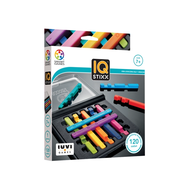 Opakowanie gry IQ Stixx – gra logiczna dla dzieci od 7 roku życia.