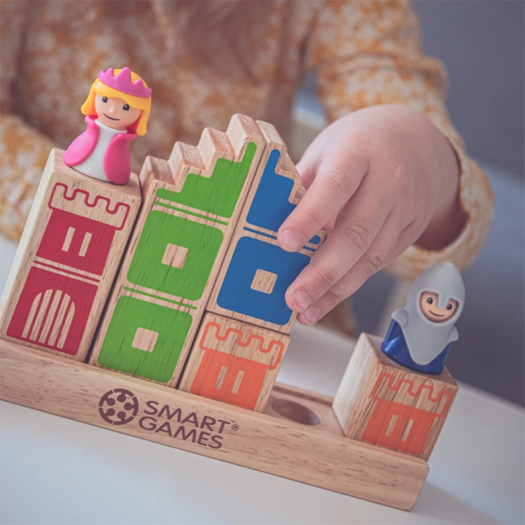 kolorowe drewniane elementy zamku z figurkami księżniczki i rycerza z gry Kamelot Junior