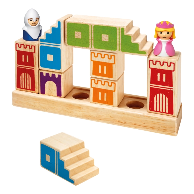 zbudowany zamek z drewnianych klocków z grą Kamelot Junior Smart Games 4+