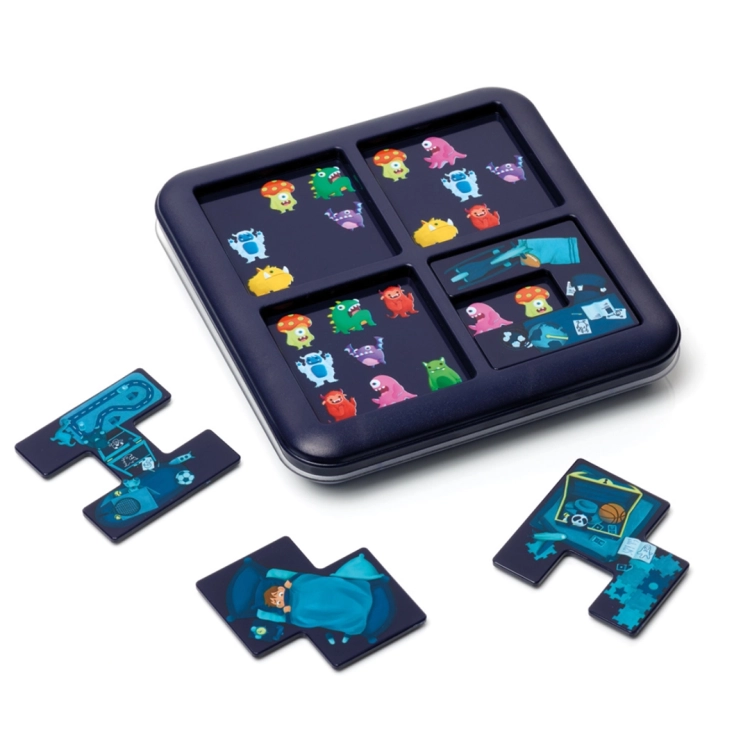 plansza z kolorowymi potworami i trzema kafelkami gry logicznej Potwory Smart Games