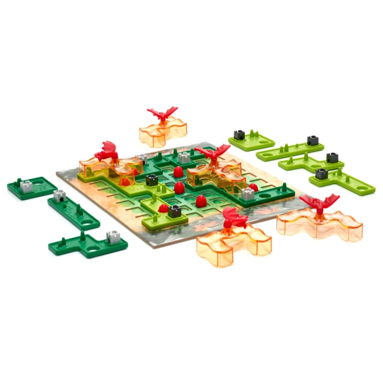 Rozłożone komponenty gry Smoczy Ogień – plansza, smoki i elementy