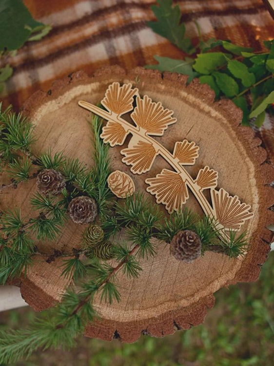 Gałązka modrzewia i drewniane puzzle z liśćmi i szyszką na plastrze drewna