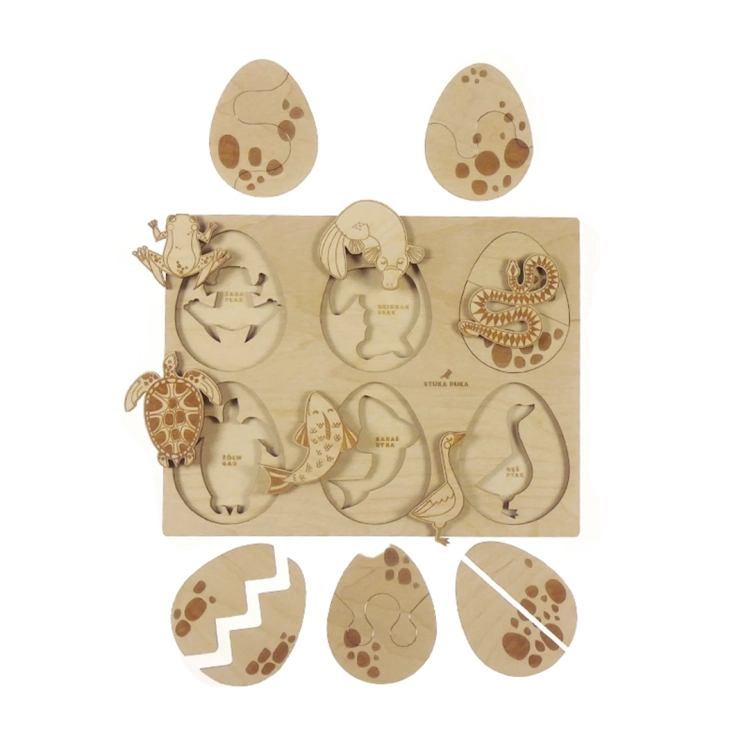Drewniane puzzle Sounds Wood przedstawiające zwierzęta i ich jajka.