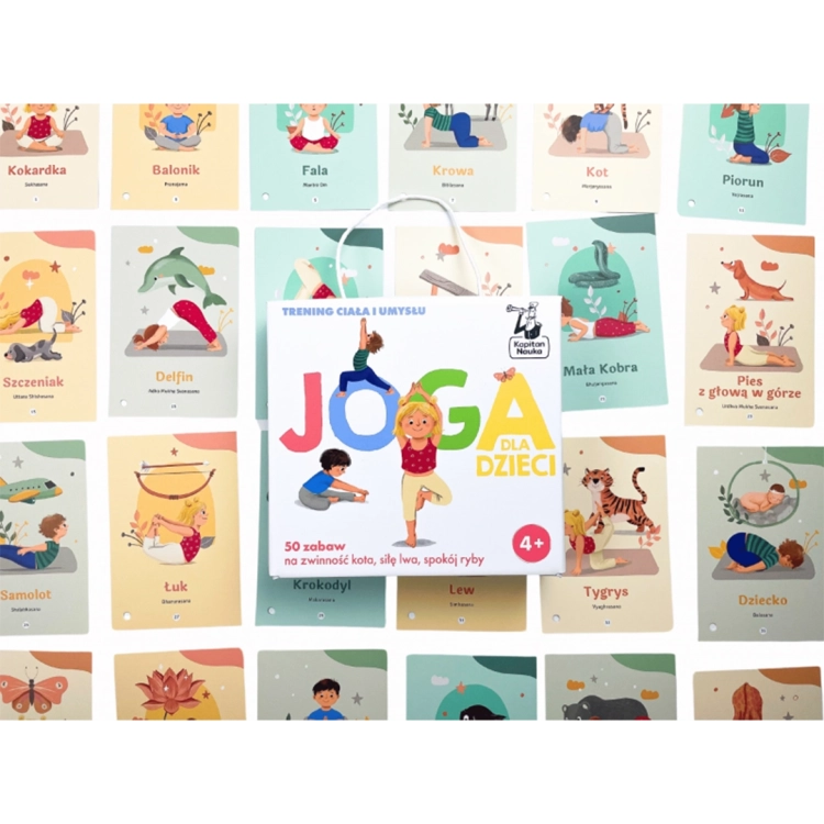 Gra Joga dla dzieci Kapitan Nauka na tle kart z pozycjami jogi