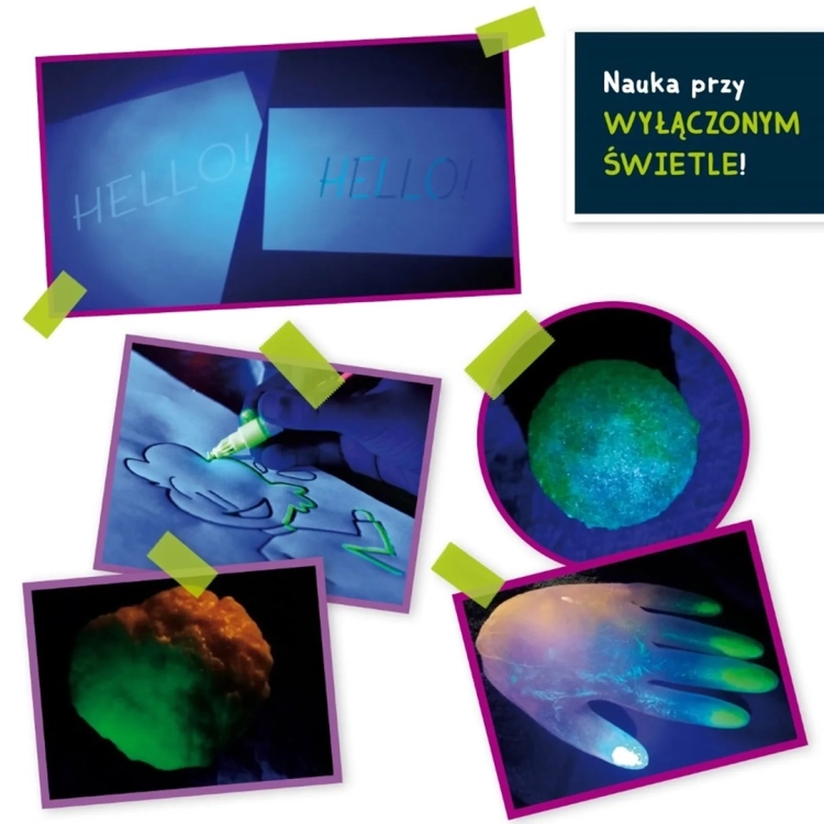 efekty świetlne i rysunki UV z zestawu Mały Geniusz Laboratorium ciemności