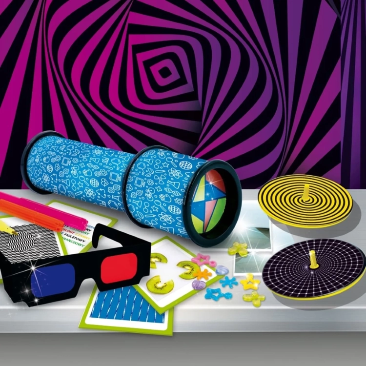 Eksperymenty z iluzjami optycznymi, kalejdoskopem i okularami 3D – zestaw Mały Geniusz