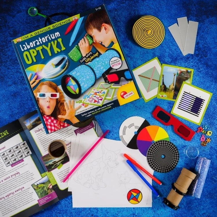 Zawartość zestawu Laboratorium optyki – karty, okulary, instrukcja i tarcz