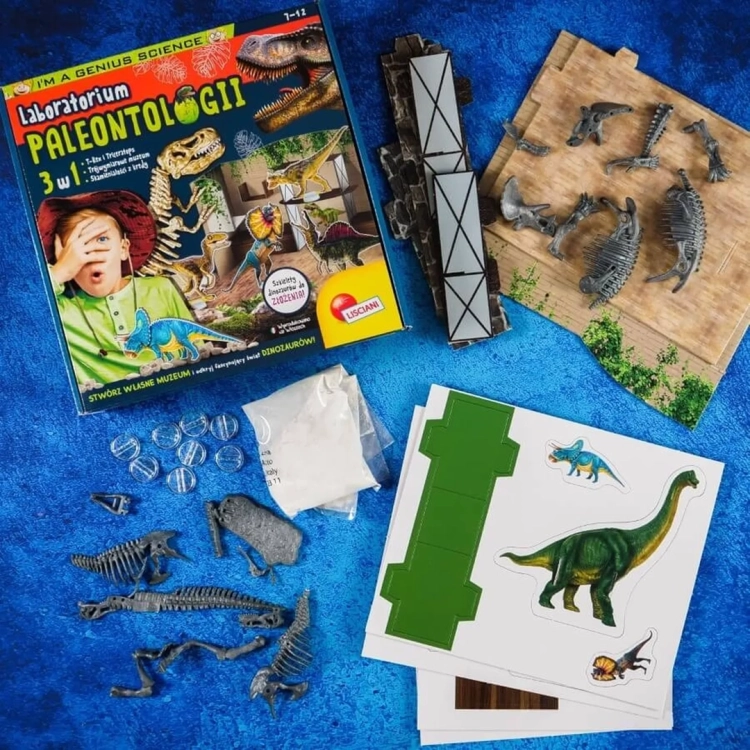zawartość zestawu laboratorium paleontologii z elementami do złożenia